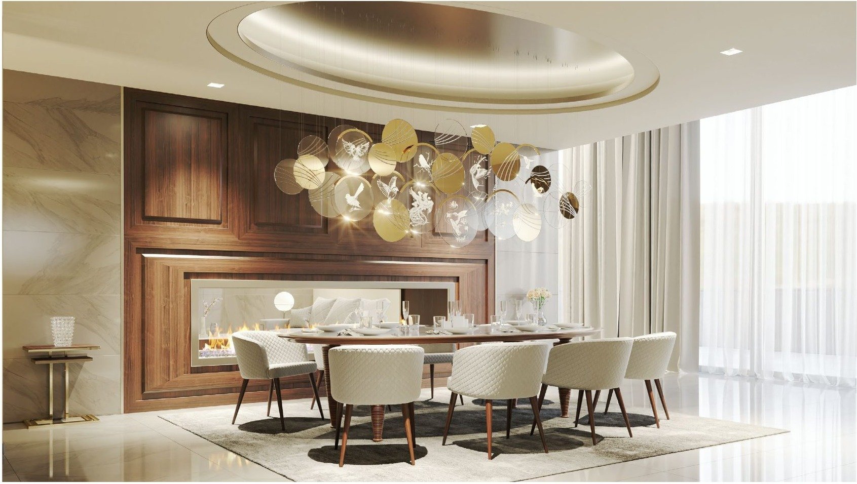 Warmly illuminated dining interior